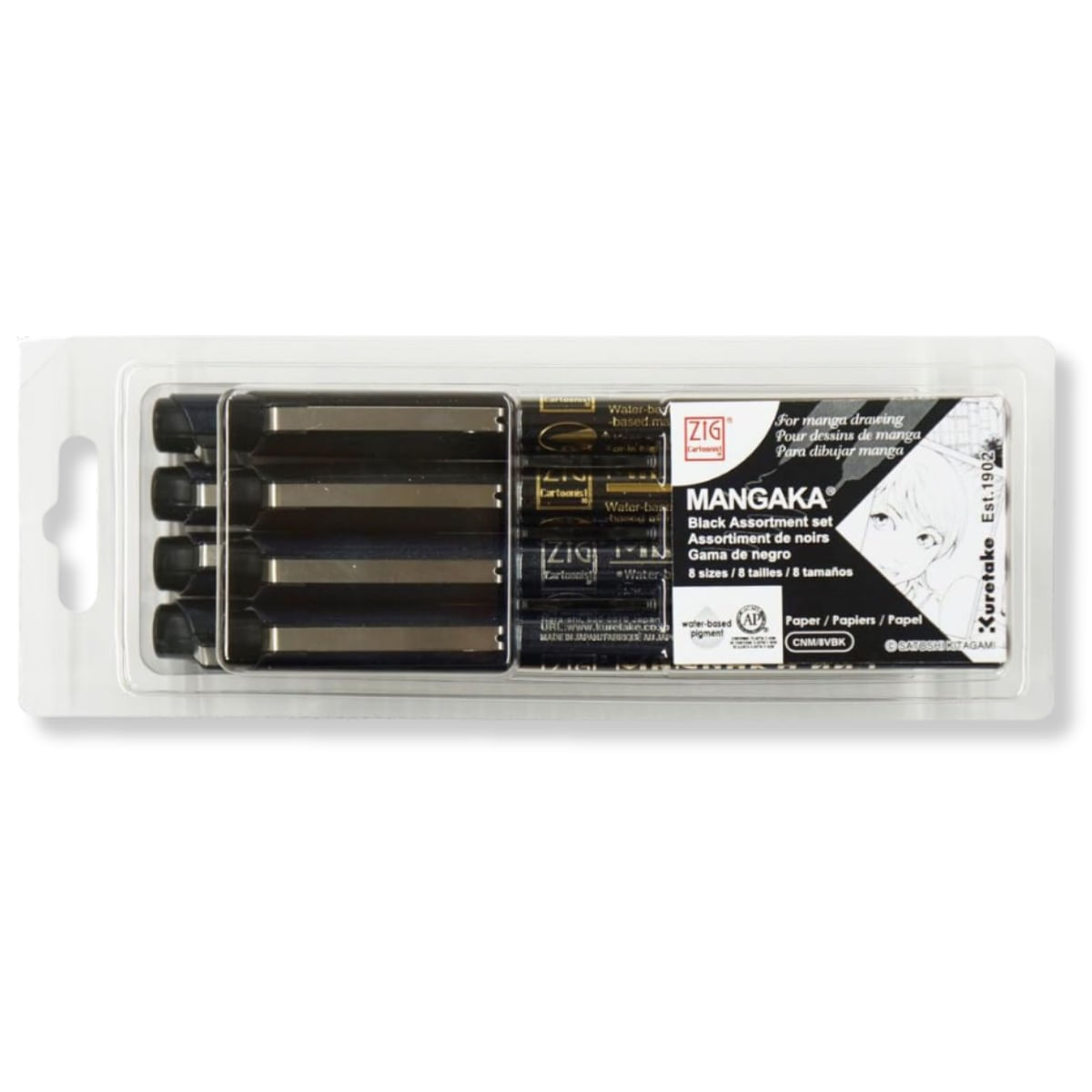 Estojo Caneta Nanquim Kuretake Mangaka Black 8 Pontas 0.03/0.05/0.1/0.3/0.5/0.8Mm Cnm8vbk
